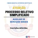 Inscrições deferidas para o processo seletivo de Auxiliar de Serviços Gerais