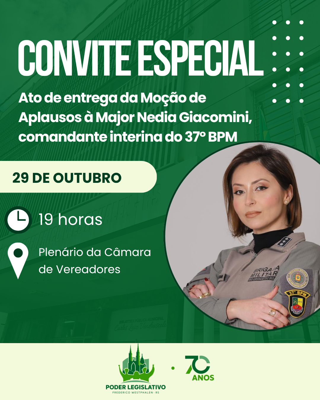 Major Nedia Giacomini receberá Moção de Aplausos na Sessão Ordinária desta quarta-feira